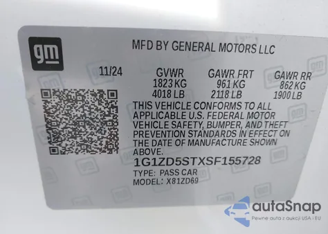 2025 Chevrolet Malibu Fwd 1Lt z USA, uszkodzony, nr VIN 1G1ZD5STXSF155728